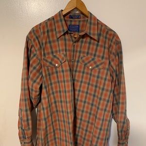 Vintage Large Orange and blue Pendleton western shirt, pearl snap shirt.